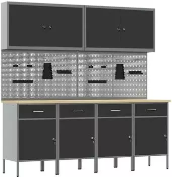 vidaXL Werkstattschrank-Set mit Werkbank und Stecktafel, 10-tlg., schwarz/grau (3321482)