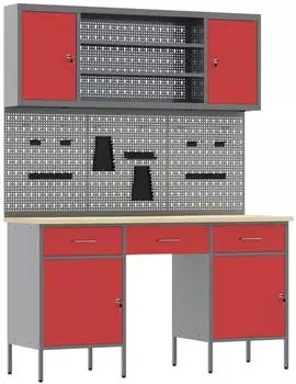 vidaXL Werkbank mit Schubladen, Holz und Stahl, rot/grau (3321455)