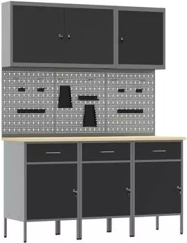 vidaXL Werkbank-Set 8-teilig, Stahl/Holz, schwarz (3321428)