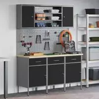 vidaXL Werkbank 7 Stk. Schwarz und Grau Ingenieure Holz und Stahl