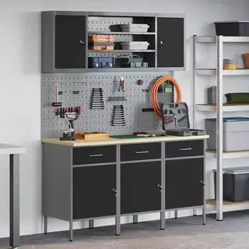 vidaXL Werkbank mit Schubladen 7-tlg., schwarz/grau, Holz und Stahl (3321430)