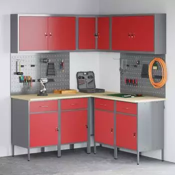 vidaXL Werkstattschrank-Set mit Stecktafel, 12-tlg., rot/grau (3321507)