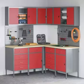 vidaXL Werkstattschrank-Set mit Schubladen, Regal und Stecktafel, 12-tlg., rot/grau (3321513)
