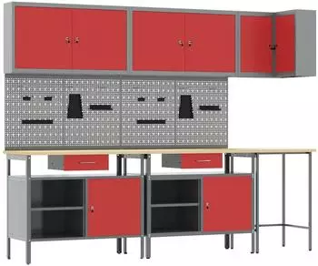vidaXL Werkstattschrank-Set mit Schubladen und Regal, 10-tlg., rot/grau (3321519)