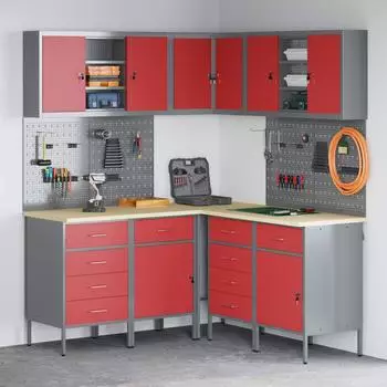 vidaXL Werkstattschrank-Set mit Schubladen, Regal und Stecktafel, 12-tlg., rot/grau (3321511)