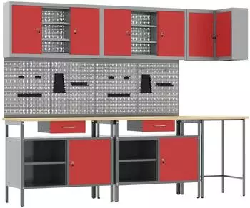 vidaXL Werkzeugschrank-Set, 10-teilig, rot, Holzwerkstoff & Metall