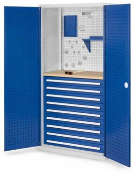 Certeo Business Equipment GmbH Certeo RasterPlan Lochplatteenschrank mit 9x Schubladen und Fachboden HxBxT 1950 x 1000 x 600 mm Blau