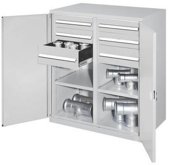 Certeo Schwerlast-Beistellschrank Modell 71 1110 x 1000 x 600 mm RAL 7035 Mit Mitteltrennwand Doppelwandtür 1 Fachboden links 1 Fachboden rechts 2