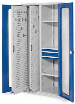 Certeo Business Equipment GmbH RasterPlan Vertikalschrank Modell 81 1950 x 1000 x 600 mm RAL 7035/5010 Sichtfenstertür 2 Auszüge Lochplatten 3 Fachböden 2 Schubladen 100 mm