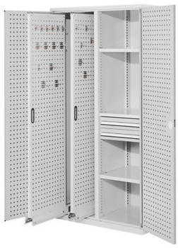 Certeo RasterPlan Vertikalschrank Modell 81 1950 x 1000 x 600 mm RAL 7035 T&uuml;rinnenseite: RasterPlan Lochplatten 2 Ausz&uuml;ge Lochplatten 3 Fachb&ouml;den 2