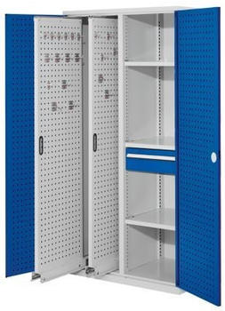 Certeo RasterPlan Vertikalschrank Modell 82 1950 x 1000 x 600 mm RAL 7035/5010 Türinnenseite: RasterPlan Lochplatten 2 Auszüge Lochplatten 3 Fachböden