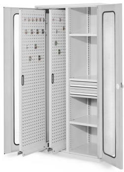 Certeo Business Equipment GmbH Certeo RasterPlan Vertikalschrank Modell 81 1950 x 1000 x 600 mm RAL 7035 Sichtfenstertür 2 Auszüge Lochplatten 3 Fachböden 2 Schubladen 100 mm