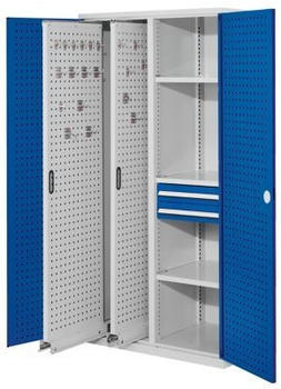 Certeo RasterPlan Vertikalschrank Modell 81 1950 x 1000 x 600 mm RAL 7035/5010 Türinnenseite: RasterPlan Lochplatten 2 Auszüge Lochplatten 3 Fachböden
