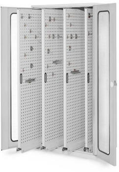 Certeo Business Equipment GmbH RasterPlan Vertikalschrank Modell 83 1950 x 1000 x 600 mm RAL 7035 Sichtfenstertür 4 Auszüge Lochplatten