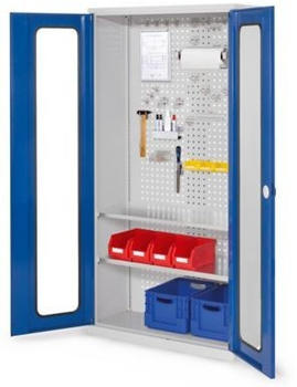Certeo RasterPlan Werkzeugschrank Modell 5 410 H1950 x B1000 x T410 mm RAL 7035/5010 Sichtfenstertür 2 Fachböden