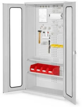 Certeo RasterPlan Werkzeugschrank Modell 5 410 H1950 x B1000 x T410 mm RAL 7035 Sichtfenstertür 2 Fachböden