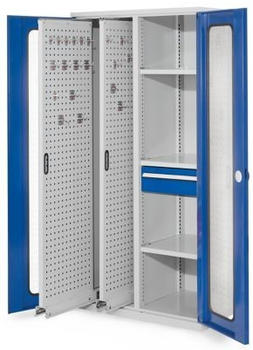 Certeo RasterPlan Vertikalschrank Modell 82 1950 x 1000 x 600 mm RAL 7035/5010 Sichtfenstertür 2 Auszüge Lochplatten 3 Böden 1 Schublade 175 mm