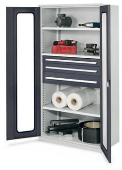 Certeo Business Equipment GmbH ohne Mitteltrennwand 1950 x 1000 x 600 mm Modell 46 RAL 7035/7016 Sichtfenstertüren 3 Fachböden verzinkt 1 Schublade H 100 mm
