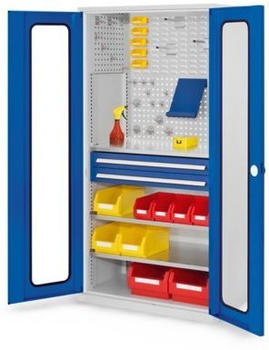 Certeo Business Equipment GmbH Certeo RasterPlan Lochplattenschrank mit Sichtfenster und Fachböden HxBxT 1950 x 1000 x 600 mm Blau