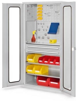 Certeo Business Equipment GmbH Certeo RasterPlan Lochplattenschrank mit Sichtfenster und Fachböden HxBxT 1950 x 1000 x 600 mm Grau