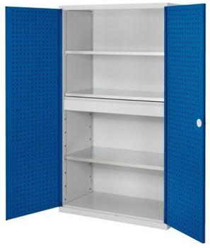 Certeo RasterPlan Großvolumenschrank 1950 x 1130 x 590 mm RAL 7035/5010 Türinnenseite: RasterPlan Lochplatten 3 Böden 1 Schublade