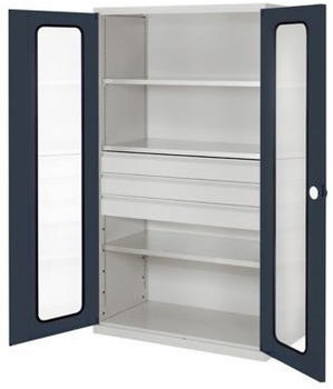 Certeo RasterPlan Großvolumenschrank 1950 x 1130 x 590 mm RAL 7035/7016 Sichtfenstertür 3 Böden 3 Schubladen