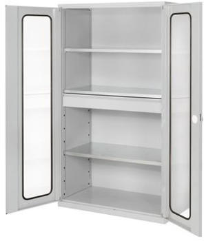 Certeo RasterPlan Großvolumenschrank 1950 x 1130 x 590 mm RAL 7035 Sichtfenstertüren 1 Schublade 3 Böden