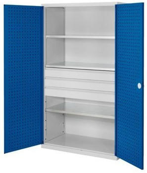 Certeo RasterPlan Großvolumenschrank 1950 x 1130 x 590 mm RAL 7035/5010 Türinnenseite: RasterPlan Lochplatten 3 Böden 3 Schubladen