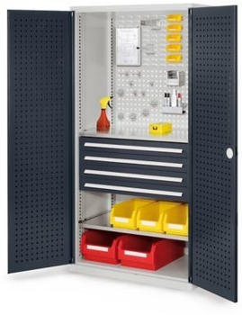 Certeo RasterPlan Lochplattenschrank mit 4x Schubladen und 2x Fachböden HxBxT 1950 x 1000 x 600 mm Anthrazit