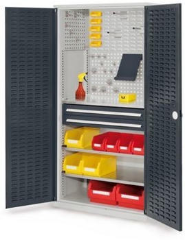 Certeo RasterPlan Schlitzplattenchrank mit Schubladen und Fachböden HxBxT 1950 x 1000 x 600 mm Anthrazit