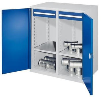 Certeo Schwerlast-Beistellschrank Modell 73 1110 x 1000 x 600 mm RAL 7035/5010 Mit Mitteltrennwand Doppelwandtüren 1 Fachboden links 1 Fachboden