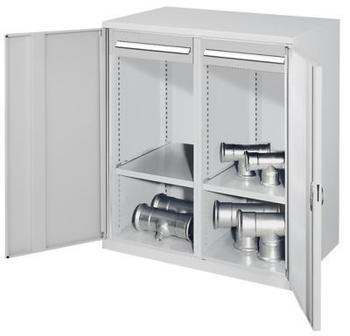Certeo Schwerlast-Beistellschrank Modell 73 1110 x 1000 x 600 mm RAL 7035 Mit Mitteltrennwand Vollblechtüren 1 Fachboden links 1 Fachboden rechts 2