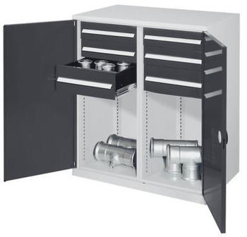 Certeo Schwerlast-Beistellschrank Modell 74 1110 x 1000 x 600 mm RAL 7035/7016 Mit Mitteltrennwand Vollblechtüren 4 Schubladen H 125 mm 2 Schubladen H