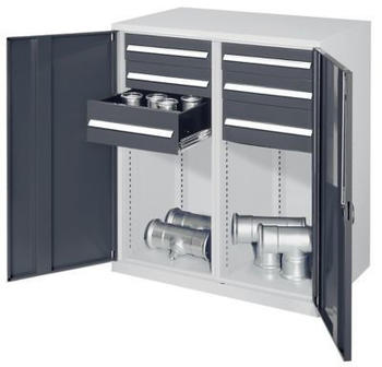 Certeo Schwerlast-Beistellschrank Modell 74 1110 x 1000 x 600 mm RAL 7035/7016 Mit Mitteltrennwand Vollblechtüren 4 Schubladen H 125 mm 2 Schubladen