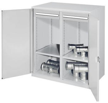 Certeo Schwerlast-Beistellschrank Modell 73 1110 x 1000 x 600 mm RAL 7035 Mit Mitteltrennwand Doppelwandtüren 1 Fachboden links 1 Fachboden rechts 2