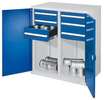 Certeo Schwerlast-Beistellschrank Modell 74 1110 x 1000 x 600 mm RAL 7035/5010 Mit Mitteltrennwand Vollblechtüren 4 Schubladen H 125 mm 2 Schubladen H