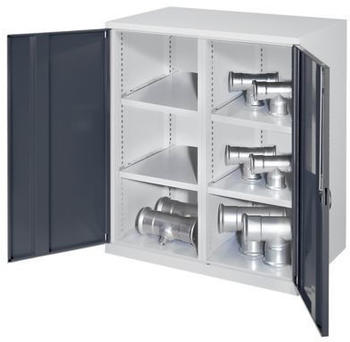 Certeo Schwerlast-Beistellschrank Modell 75 1110 x 1000 x 600 mm RAL 7035/7016 Mit Mitteltrennwand Vollblechtüren 2 Fachböden links 2 Fachböden rechts