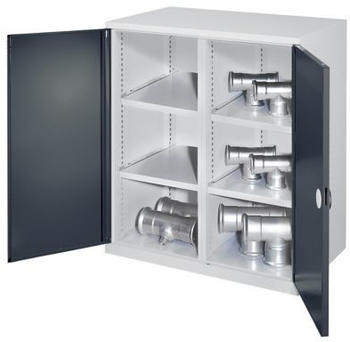 Certeo Schwerlast-Beistellschrank Modell 75 1110 x 1000 x 600 mm RAL 7035/7016 Mit Mitteltrennwand Doppelwandtüren 2 Fachböden links 2 Fachböden