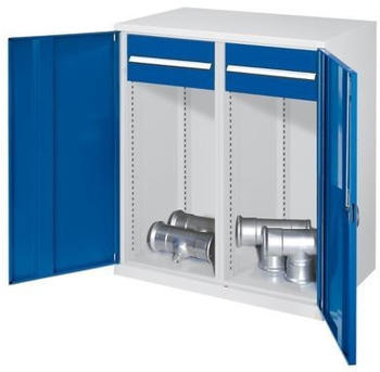 Certeo Schwerlast-Beistellschrank Modell 75 1110 x 1000 x 600 mm RAL 7035/5010 Mit Mitteltrennwand Vollblechtüren 2 Schubladen 175 mm