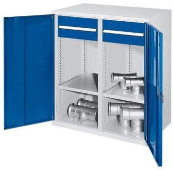 Certeo Schwerlast-Beistellschrank Modell 76 1110 x 1000 x 600 mm RAL 7035/5010 Mit Mitteltrennwand Vollblechtüren 1 Fachboden links 1 Fachboden