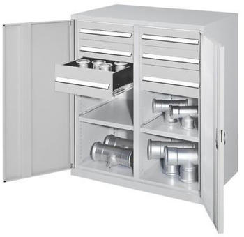 Certeo Schwerlast-Beistellschrank Modell 71 1110 x 1000 x 600 mm RAL 7035 Mit Mitteltrennwand Vollblechtüren 1 Fachboden links 1 Fachboden rechts 2