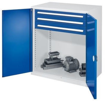 Certeo Schwerlast-Beistellschrank Modell 65 1110 x 1000 x 600 mm RAL 7035/5010 Doppelwandtüren 3 Schubladen H 100 mm