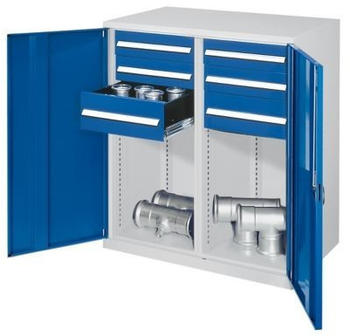 Certeo Schwerlast-Beistellschrank Modell 74 1110 x 1000 x 600 mm RAL 7035/5010 Mit Mitteltrennwand Vollblechtüren 4 Schubladen H 125 mm 2 Schubladen