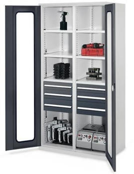 Certeo mit Mitteltrennwand 1950 x 1000 x 600 mm Modell 55 RAL 7035/7016 Sichtfenstertüren 2 Schubladen H 100 mm 2 Schubladen H 125