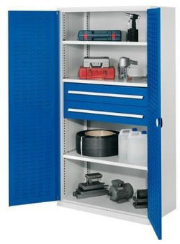 Certeo Business Equipment GmbH ohne Mitteltrennwand 1950 x 1000 x 600 mm Modell 42 RAL 7035/5010 Türinnenseite: RasterPlan Schlitzplatten- 3 Fachböden