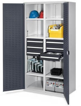 Certeo mit Mitteltrennwand 1950 x 1000 x 600 mm Modell 53 RAL7035/7016 Türinnenseite: RasterPlan Schlitzplatten 6 Schubladen H 125