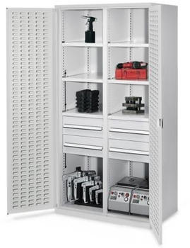 Certeo mit Mitteltrennwand 1950 x 1000 x 600 mm Modell 52 RAL 7035 Türinnenseite: RasterPlan Schlitzplatten 4 Schubladen H 175 mm 3