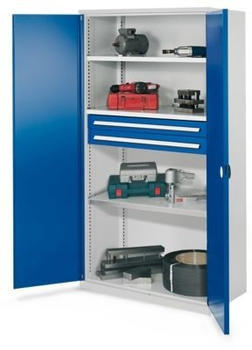 Certeo ohne Mitteltrennwand 1950 x 1000 x 600 mm Modell 45 RAL 7035/5010 Doppelwandtür 3 Fachböden verzinkt 2 Schubladen 100 mm