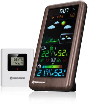 Bresser Funk mit Au&szlig;ensensor Neomeo V mit Farbdisplay Holzoptik 24/48h Wettervorhersage Temperatur Luftfeuchtigkeit Komfortindikator (7006510)