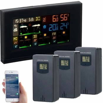infactory WLAN-Funk-Wetterstation mit 3 Außensensoren & Farbdisplay